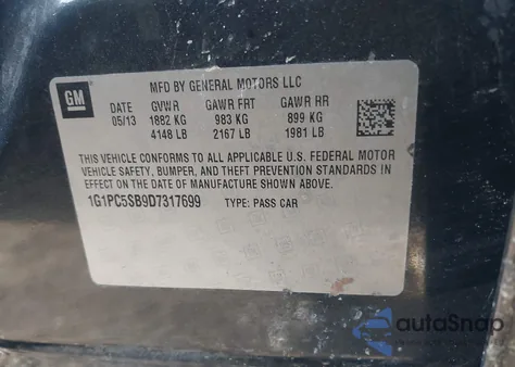 2013 Chevrolet Cruze 1Lt Auto z USA, uszkodzony, nr VIN 1G1PC5SB9D7317699